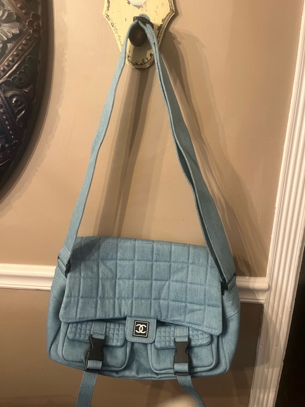 CHANEL look a like Light Blue denim quilt Shoulder Bag with Front pockets